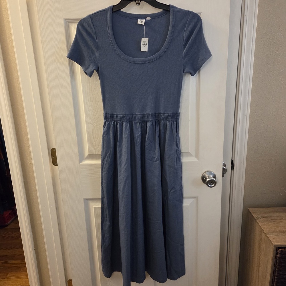 Gap sz S blue short slv midi a-line shirt dress NWT casual lightweight everyday